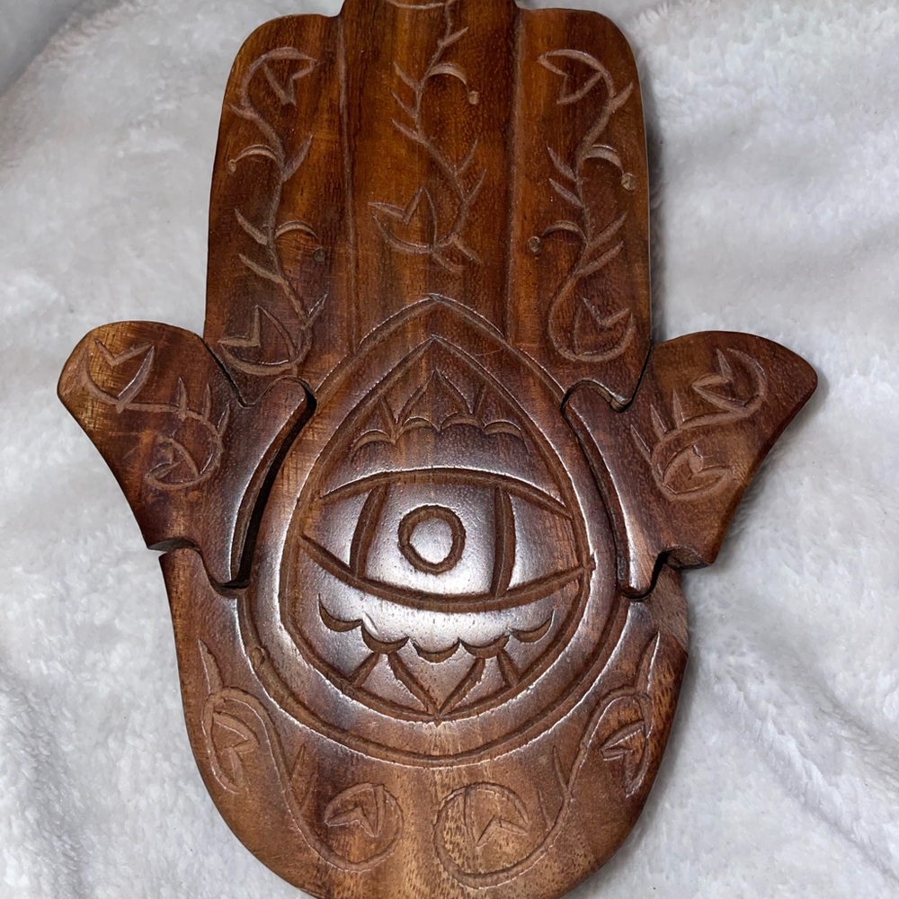 Carved Wooden Hamsa Decorative Puzzle Jewelry/Trinket Box